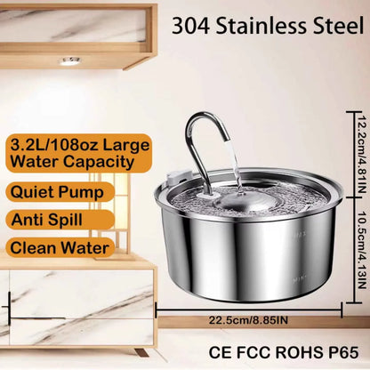 3.2L Stainless Steel Pet Water Fountain — Silent Filter Pump for Cats & Dogs