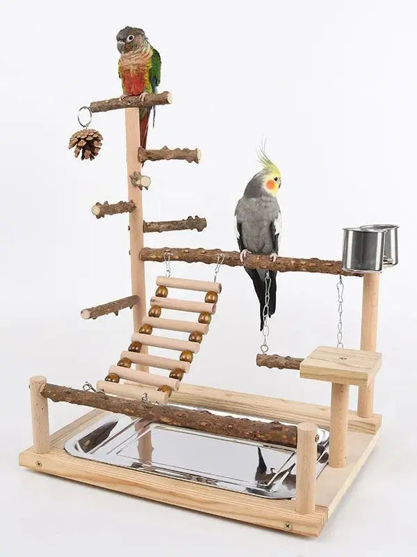 Natural Wood Parrot Climbing Frame with Swing, Ladder & Suspension Bridge