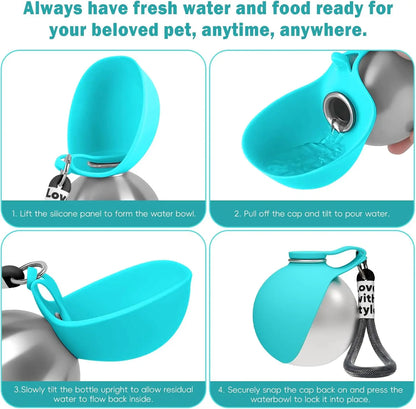 2-in-1 Stainless Steel Dog Water Bottle with Foldable Bowl