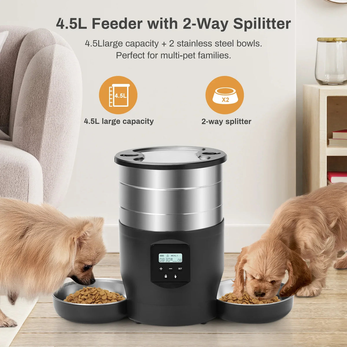 4.5L Smart WiFi Pet Feeder with Dual Stainless Steel Bowls - Automatic Food Dispenser for Cats & Dogs
