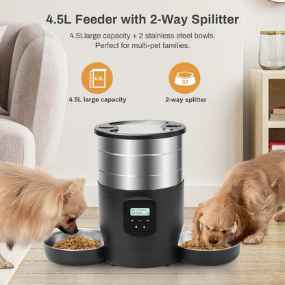 4.5L Smart WiFi Pet Feeder with Dual Stainless Steel Bowls - Automatic Food Dispenser for Cats & Dogs