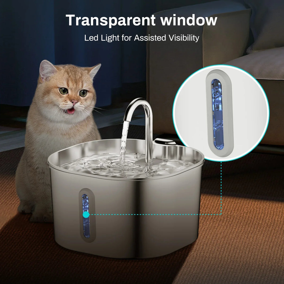 2.2L Stainless Steel Cat Water Fountain — Artesian Flow, Ultra-Quiet Pump & Filter