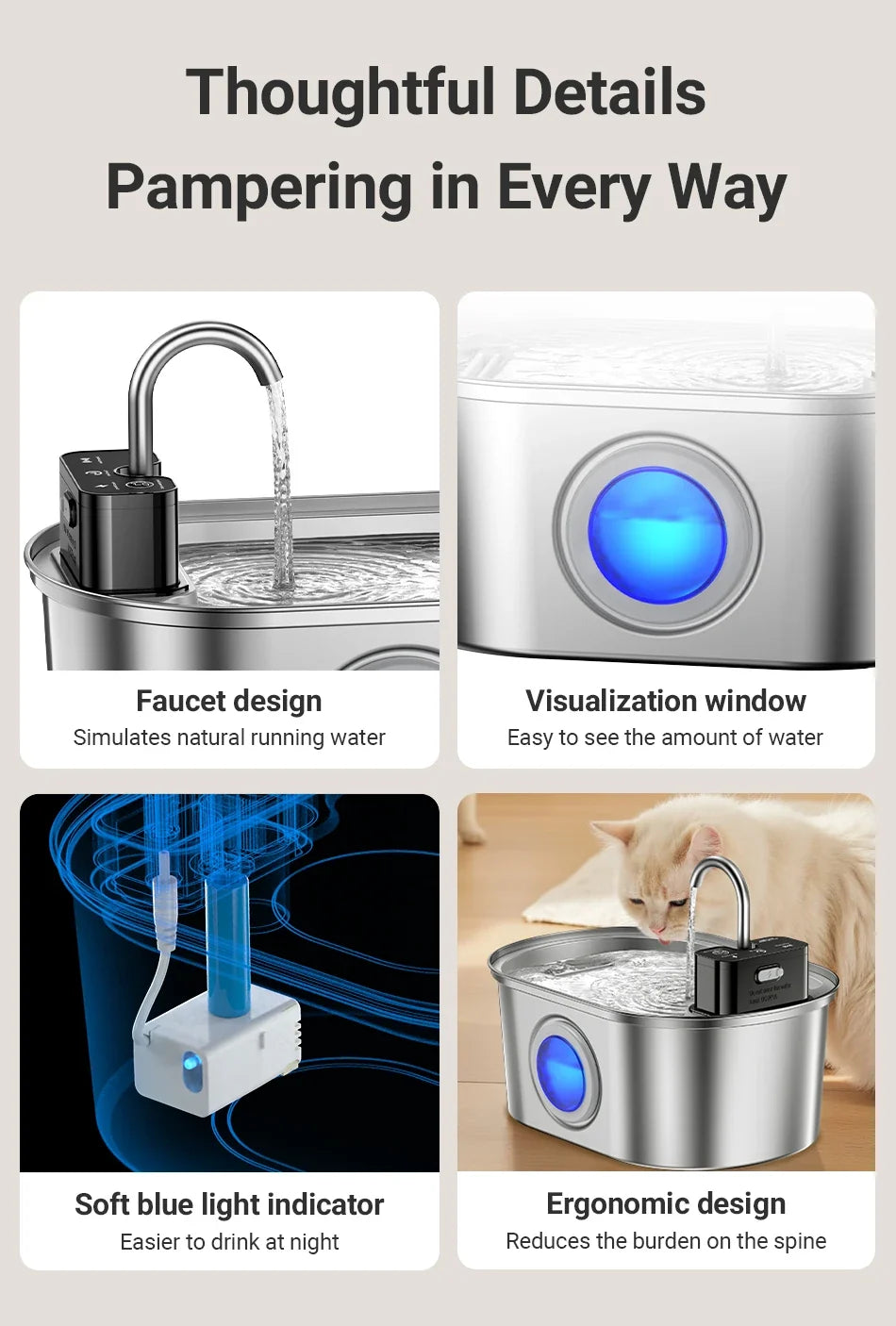 Stainless Steel Smart Pet Water Fountain with 4000mAh Battery & Sensor